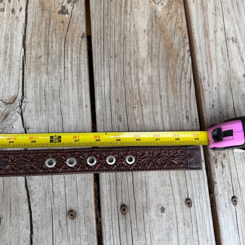 Woven Leather Belt Womens Large Brown Boho Interlaced Floral Silver Buckle 43in